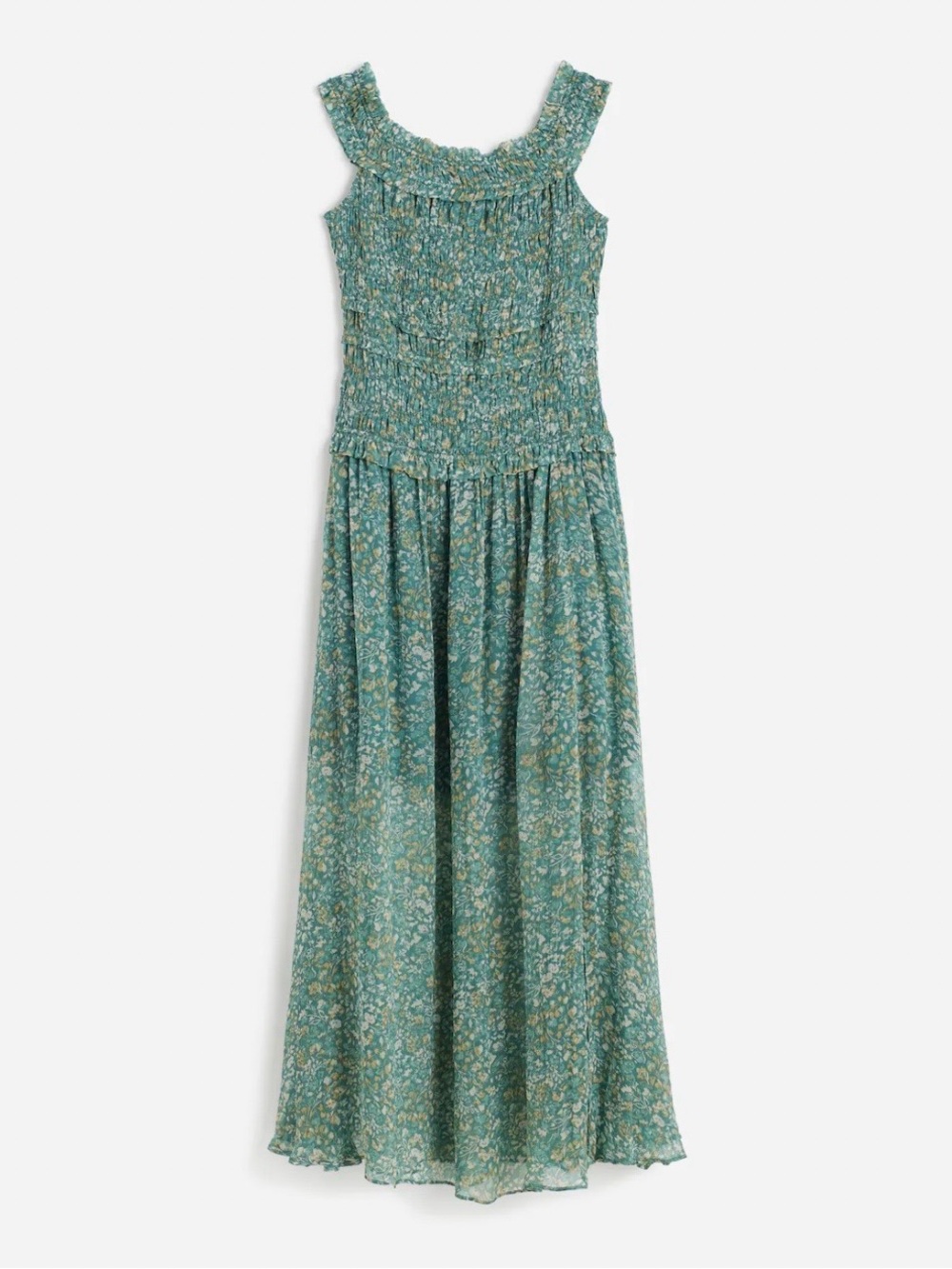 Madewell 
Smocked Floral Maxi Dress in a sheer formal drapey fabric.